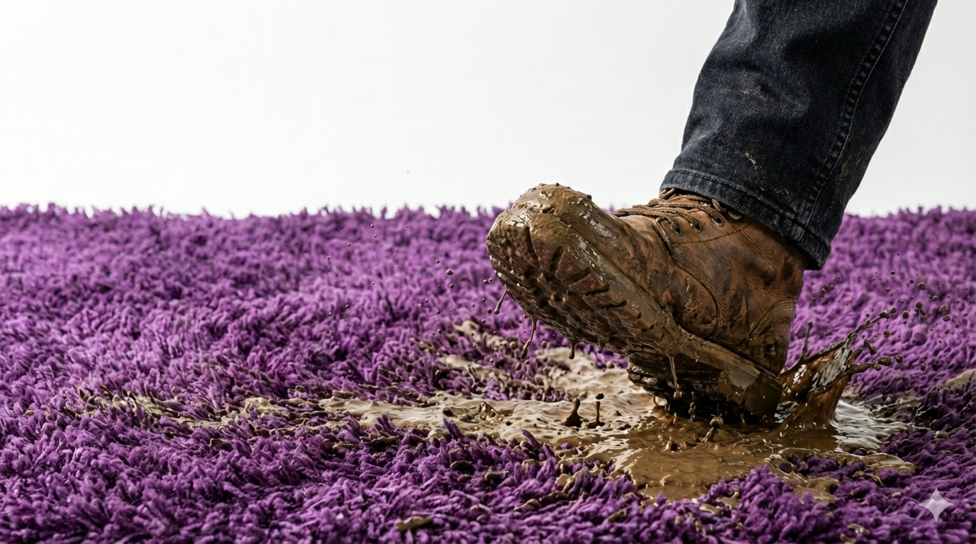 Foot stepping into a puddle on a purple carpet